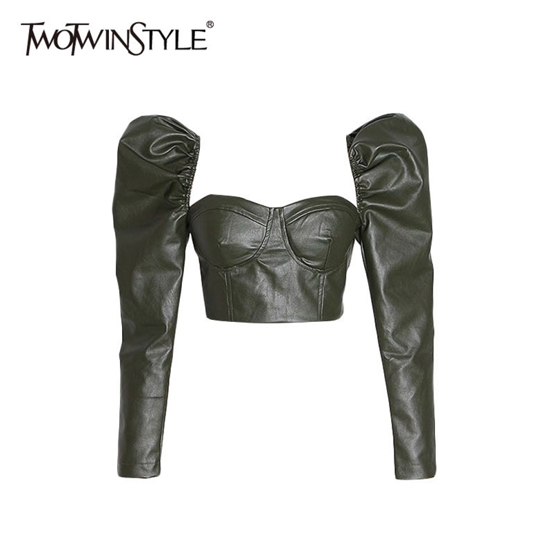 

Sexy PU Leather Short Blouse For Women Square Collar Puff Long Sleeve Black Slim Shirt Female Fashion Clothing 210524, Green