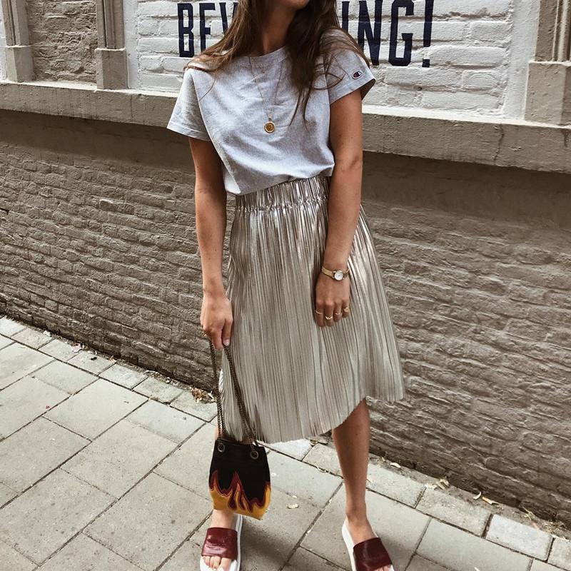 

Women Pleated Skirt 2021 Fashion Metallic Luster Sequined Elastic Waist Jupe Femme Skirts, As show picture