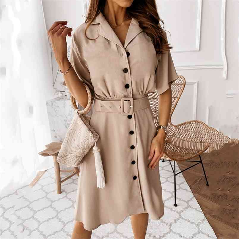 

Summer Fashion Solid Color Short-sleeved V-neck Single-breasted Shirt Dress Women Plus Size Midi Dresses Female Vestidos Robes 210517, Black(no belt)