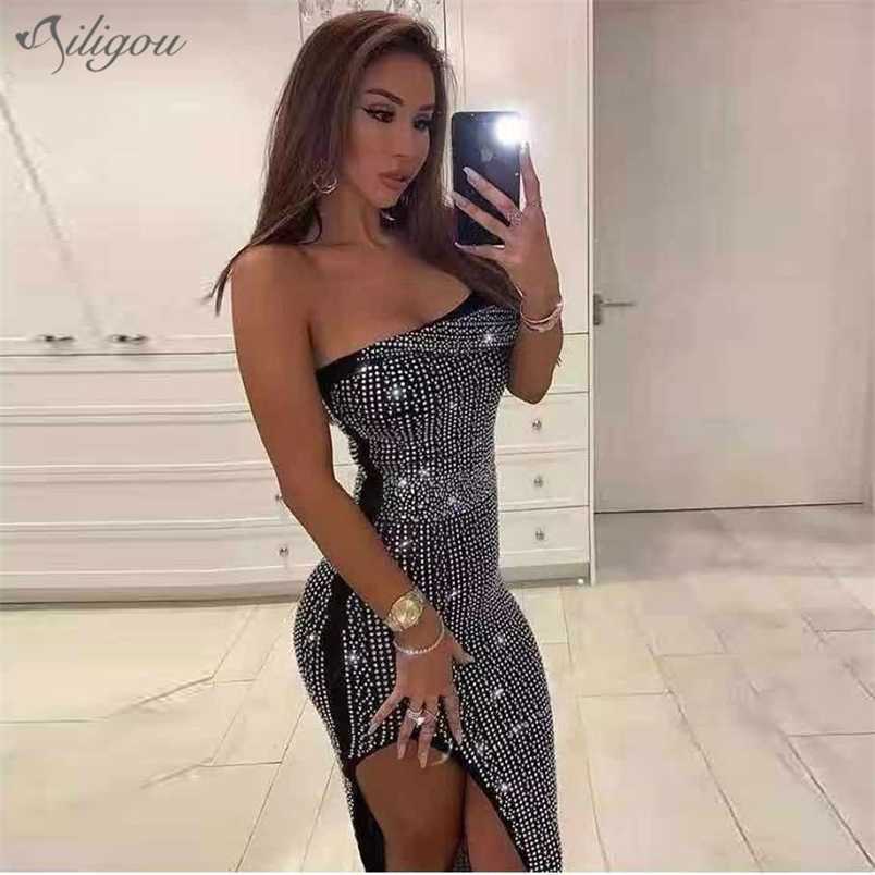 

Women'S Black One-Shoulder High Slit Sleeveless Midi Sexy Nightclub Beaded Sequin Celebrity Party Dress 210525