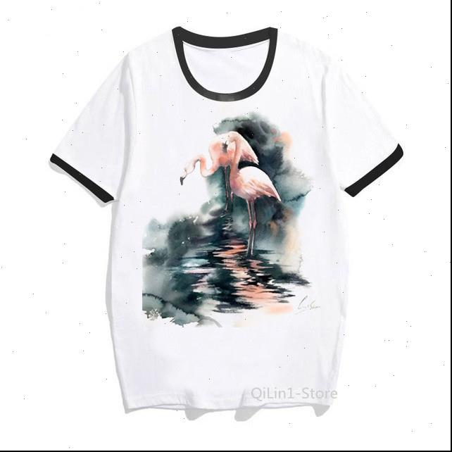 

pink flamingo vintage watercolor animal women print tee femme summer clothes hipster tshirts, White
