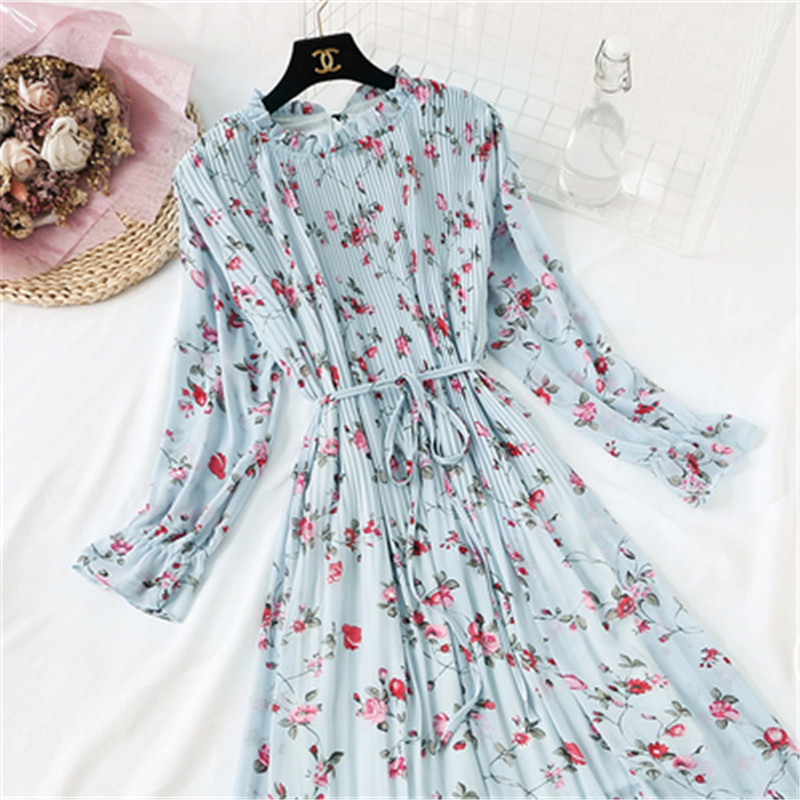 

20212021spring summer new women print pleated chiffon dress fashion female casual flare sleeve lotus leaf neck basic dresses86, Black;gray