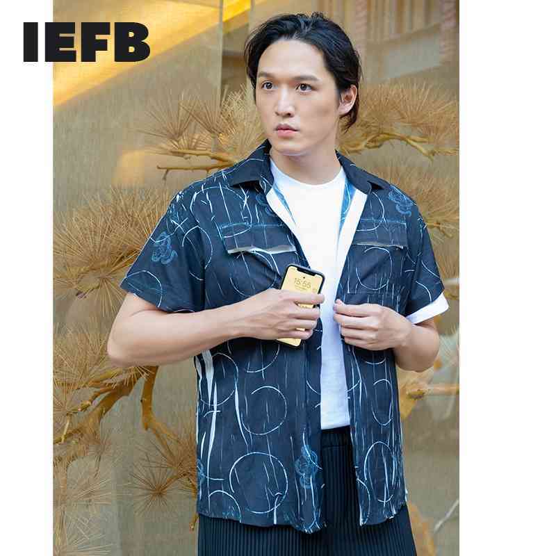

IEFB Men's Shirt Printing Tie Dyeing Lapel Short Sleeve Shirts Summer High Quality Japanese Streetwear Tops 9Y7262 210524, Navy blue