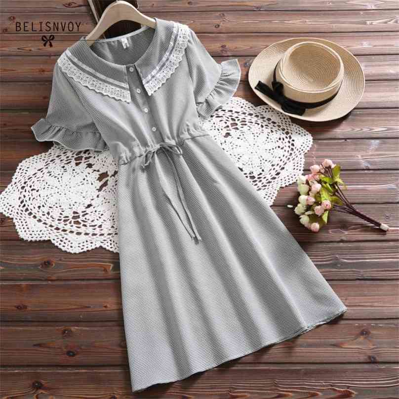 

Japanese Mori Girl Sweet Lace Summer Dress Women Doll Collar Ruffle Sleeve Cotton Linen Dresses Female Plaid Vintage Vestidos 210520, Gray