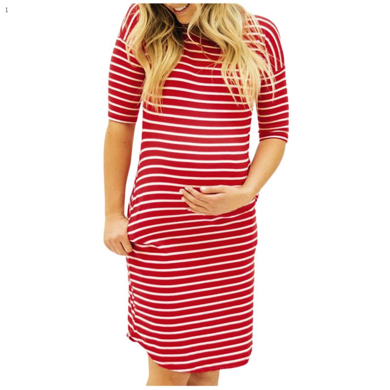 

Maternity Dresses Pregnancy Dress Fashion Womens Pregnants O-neck Stripe Short Sleeve Nursing Women Clothing Premama, Black