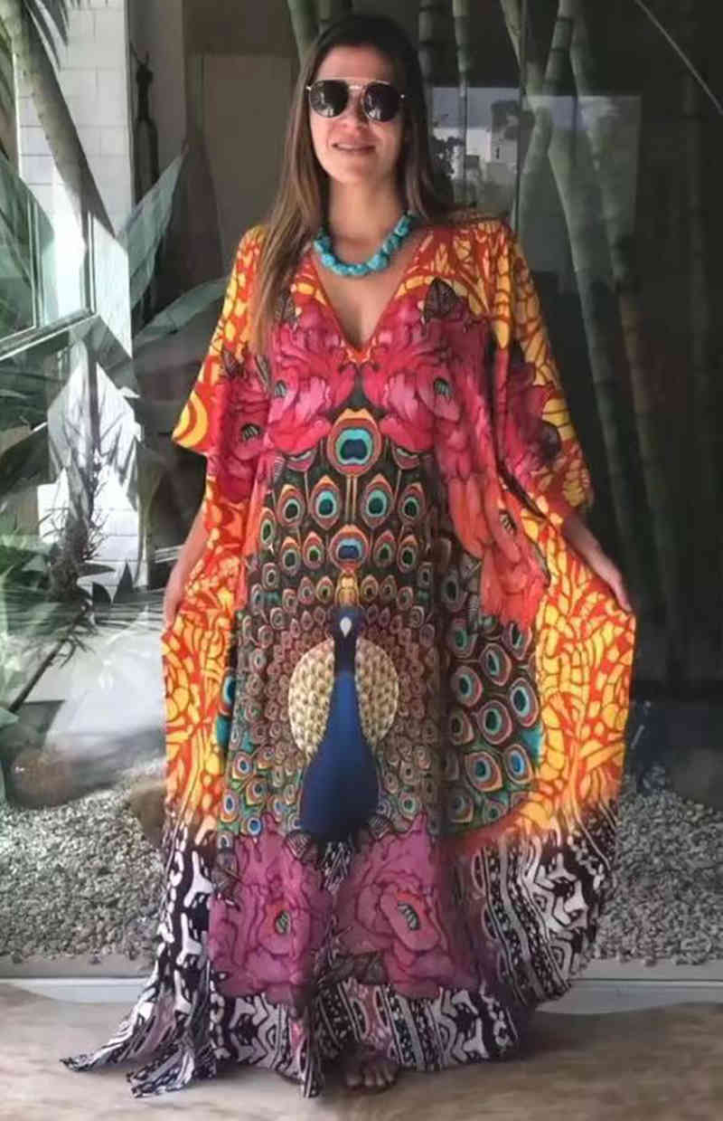 Women&#039;s Swimwear Peacock Ethnic Vintage Long Robe Print Oversized Summer Pareo Batwing Sleeve Loose Maxi Vestido Femme 2021 3QMK-image-699318009