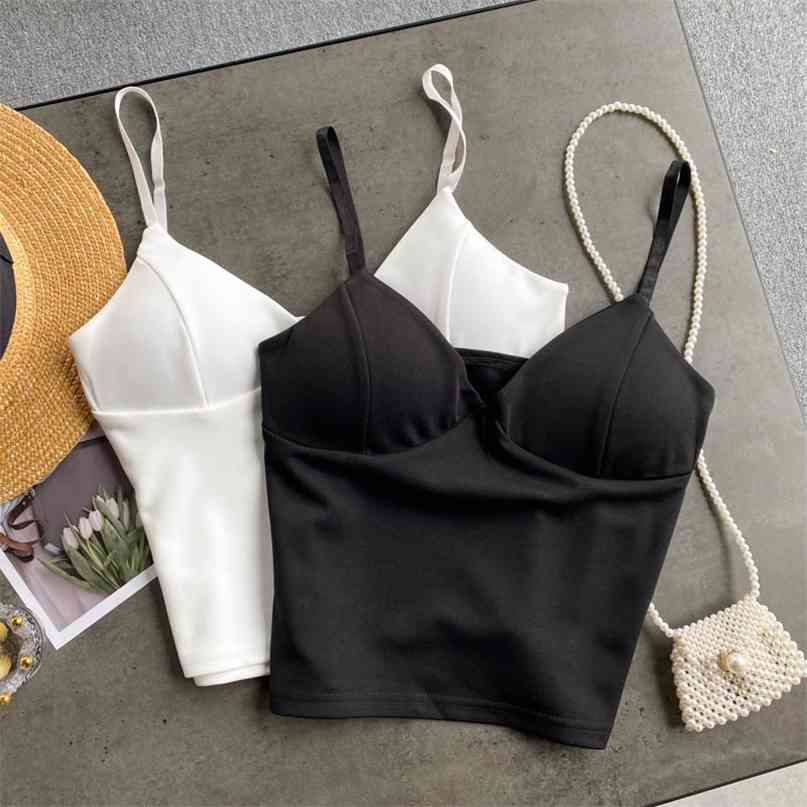 

White Black Women Crop Top Sexy V-neck Sleeveless Adjustable Spaghetti Strap Backless Slim Fit Casual Streetwear Padded Tube 210603
