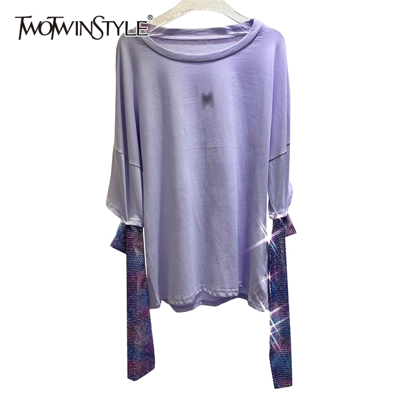 

Casual Patchwork Colorful Diamond Tops For Women O Neck Long Sleeve Hollow Out T Shirts Female Fashion Clothes 210524, Purple