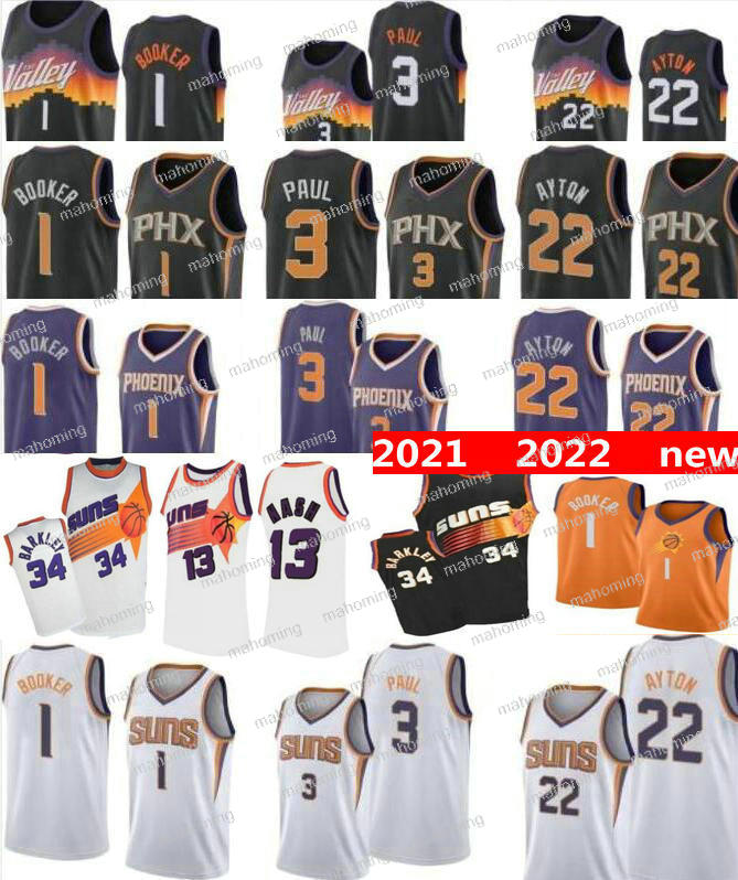 

Devin Chris Booker Paul Basketball Jerseys Deandre Charles Ayton Barkley Steve Nash 2021 2022 new black City Stitch Jersey White Purple Oran, Black;red
