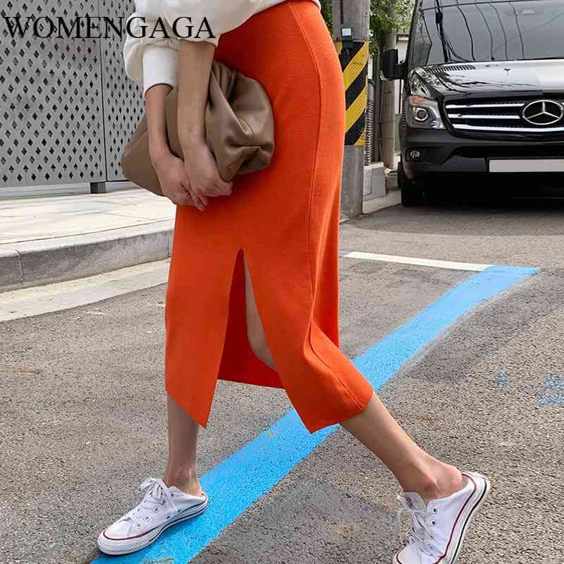 

WOMENGAGA Sexy Fashion Korea Women's Spring Slim Split Sweet Casual Knitted Long Skirt Girl Female Red Skirts UGMQ 210603, Orange