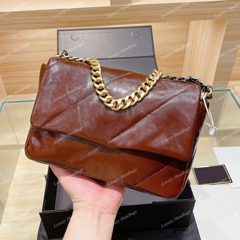 

2021 Fashion Collection 19 Flap Bags Shiny Calfskin High Quality Genuine Leather GHW Famous Luxury Designer Purse Large Capacity Clutch Boy Girls Handbags 26*19CM, 19 series oil leather red