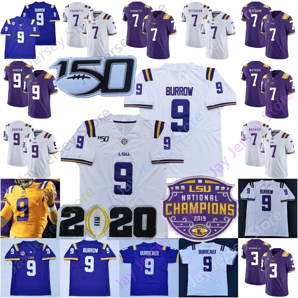 

LSU Tigers Football Jersey NCAA College Derek Stingley Jr. Tyrann Mathieu Joe Burrow Burreaux Beckham Jr. Edwards-Helaire Fournette Jefferson Moss Chase, Purple-champions patch
