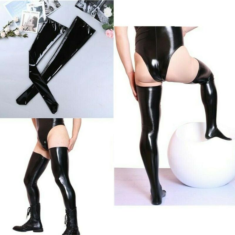 

Men's Socks Wet Look Latex Leather Thigh High Footed Stockings Tights Clubwear For Men Exotic Formal Wear Suit Sexy Sports, Black