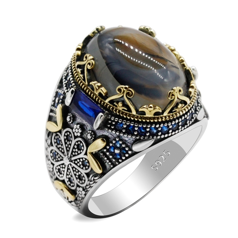 

925 Sterling Silver Turkish Classic Vintage Brass Jewelry Rings with Gemstone Natural Agate Stone for Men Women Birthday Gift 211217