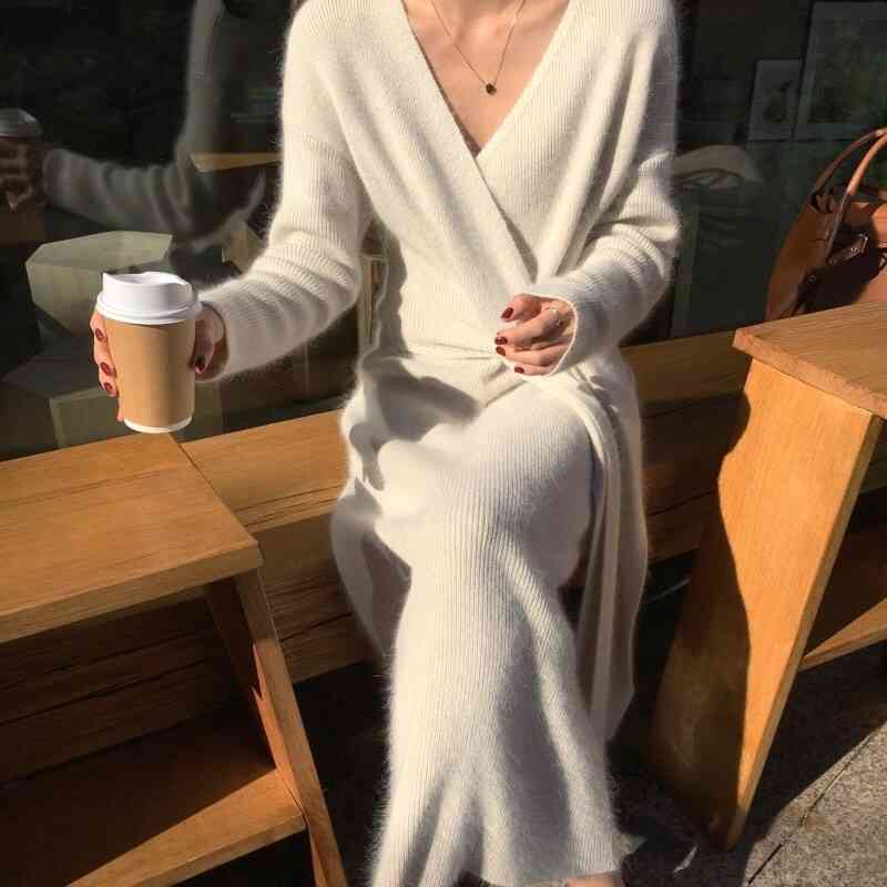 

Autumn Korean V-neck Crossed Belted Knitted Long Dress Women Sleeve Stylish Vintage Dresses Fashion Solid Vestidos 210518, Beige
