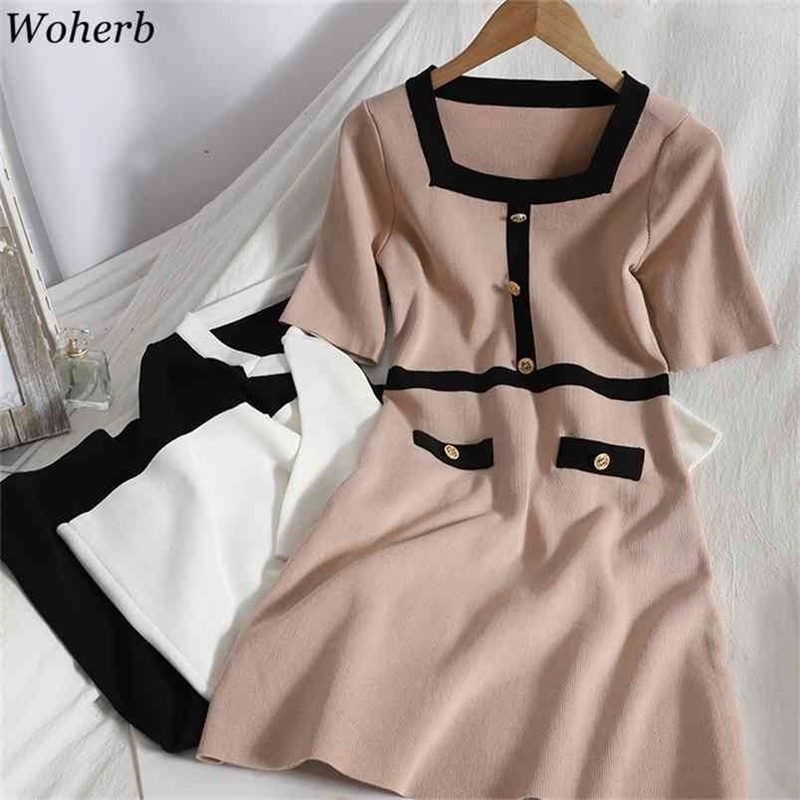 

Knitted Dress for Women Fashion Buttoned Contrast Color Square Collar Vestidos Short Sleeve Elegant Bodycon Dresses 4j618 210519, Black