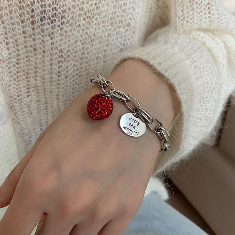 

Charm Bracelets Korean Style Bracelet Light Luxury Strawberry Crystal Bear English Hang Tags Pendant Women Hip Hop Jewelry, Golden;silver