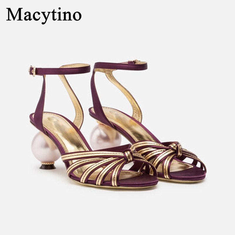 

Sandals Round Ball Heel Ladies Vintage Bronze Leather Ankle Strap Shoes Women's Knotted Strappy Plus Size 43UX, Purple