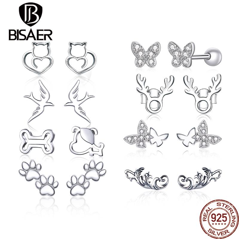 

Stud BISAER Vintage Animal Earrings 925 Sterling Silver Butterfly Cute Pet Earring For Women Original Fine Jewelry Gift HSE1116, Golden;silver