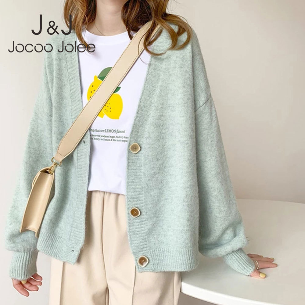 

Jocoo Jolee Korean Chic Sweater Cardigans Autumn Casual Solid Harajuku Sweater Coat Ladies All-match Knitted Tops Outwear Poncho 210518, Pink