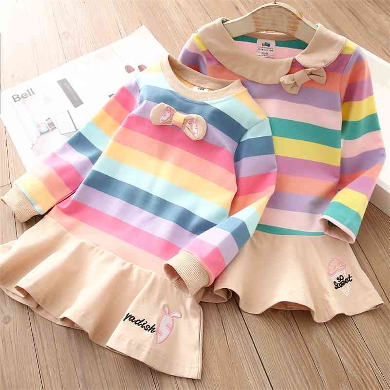 

Baby Embodied Dress Spring Autumn Kid's Clothing Toddler Child Striped Bowtie Long Sleeve Dresses For Girls 2-10 Years 210701, Lavender