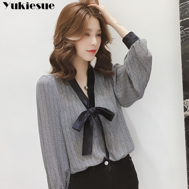 

summer long sleeve plaid women's shirt blouse for women blusas womens tops and blouses chiffon shirts ladie's top plus size 210518, Black
