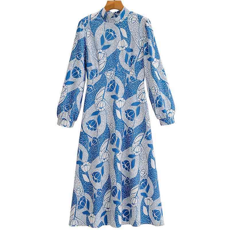 

Summer Women Long Dress Section Ladies' Half High Sleeve Printed Dresses Female Streetwear 210524, Blue