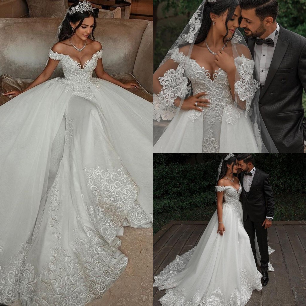 

Dubai Saudi Arabic Lace A Line Wedding Dresses With Detachable Train Vintage Off the Shoulder Lace Applique Beaded Bridal Gowns Plus Size Vestidos De Novia AL9087, Royal blue