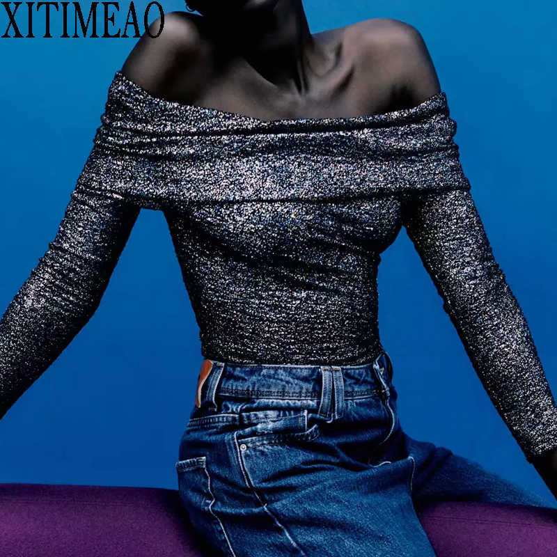 

ZA Woman Tshirts Knitted Top Slim Women Jumpsu T-Shirt Sexy Bodycon Long Sleeve Tee One Line Collar Off Shoulder Clothing 210604, Colour