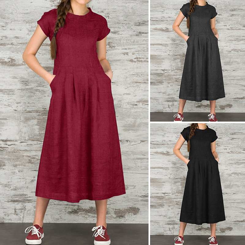 

VONDA Solid Dress Elegant Summer 2021 Womens Casual Sundress Short Sleeve Midi Vestidos Female O Neck Plus Size 5XL Robe 7, Black