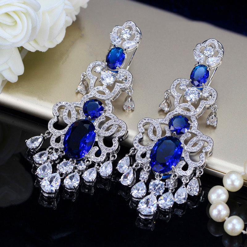 

Dangle & Chandelier ThreeGraces Luxury Bridal Wedding Banquet Tassel Earrings For Brides Gorgeous Blue Cubic Zirconia Jewelry Accessories Gi, Silver