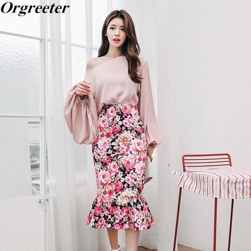 

Women Spring Korean 2 Piece set Big Lantern Sleeve Pink Satin Shirt Top + Floral Print High Waist Mermaid Skirt OL Set 210525
