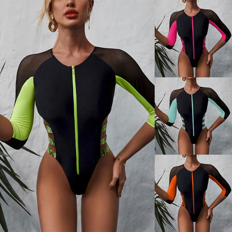 

One-Piece Suits Mid--Sleeve Swimsuit For Women Swimming Suit High Cut Stitching Bikini Zipper Swimsuits Swimwear 2022