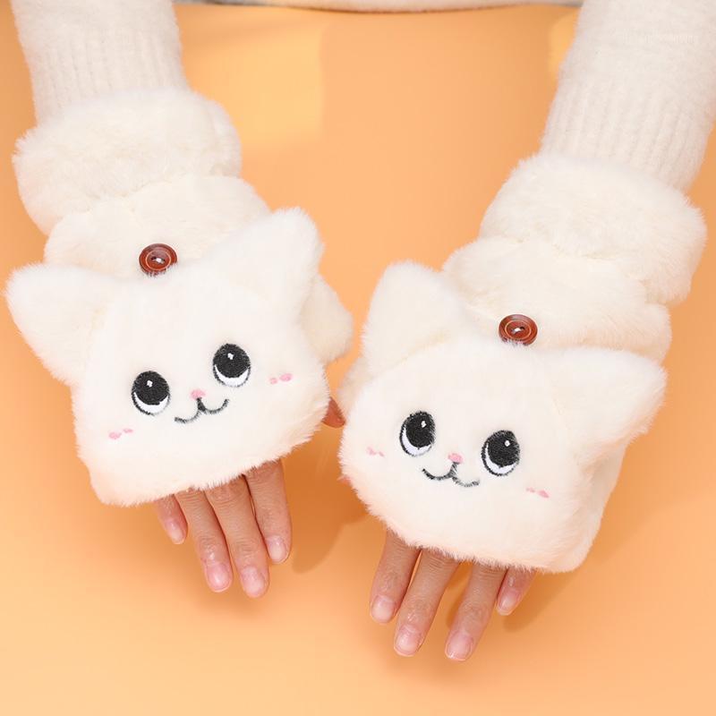 

Foux Gloves Winter Women Plush Flip Fingerless Cat Cute Anime Cartoon Mittens Typing Thickening Write Ladies Cold 20211