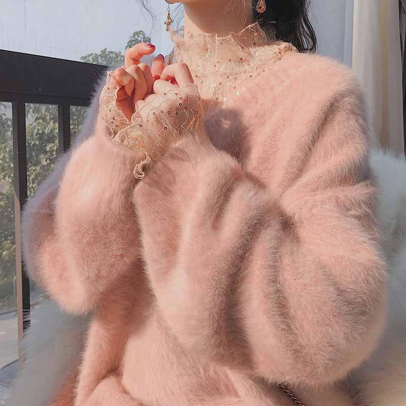 

Women' Sweaters Japanese Autumn Winter Women Mink Fleece Loose Pullovers Knitting Sweater 2021 Vintage Female V-Neck Lazy Wind External Wea, Pink