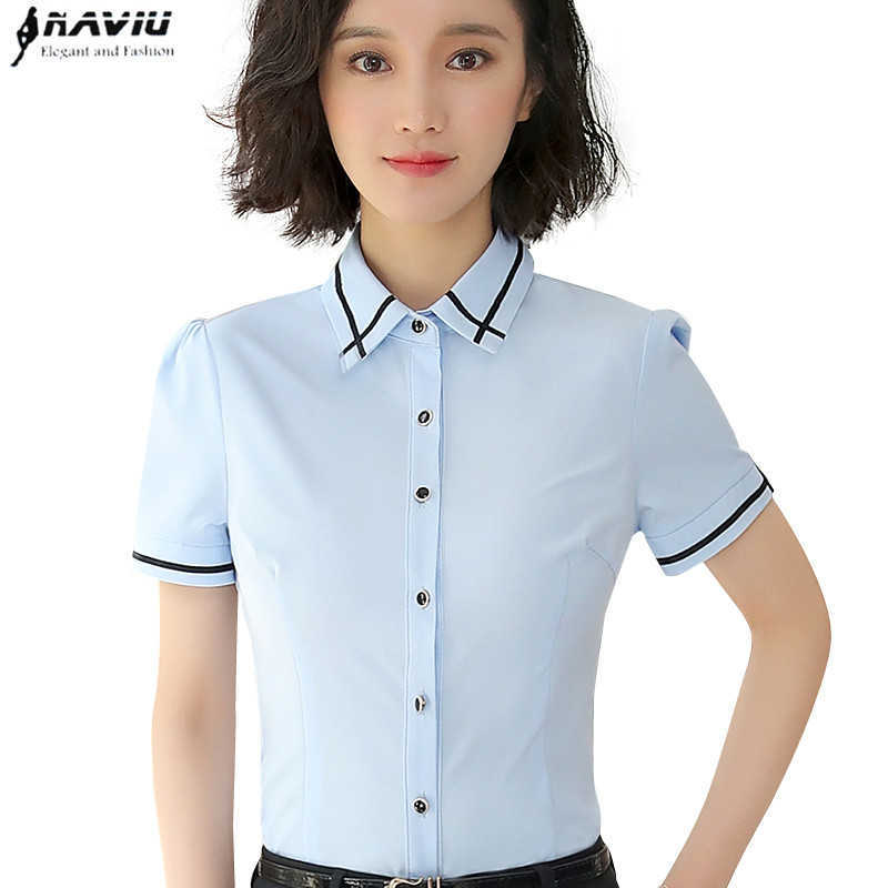 

Summer Fashion Women Shirt Temperament Formal Short Sleeve Slim Chiffon Blouse Office Ladies Plus Size Work Tops 210604, White