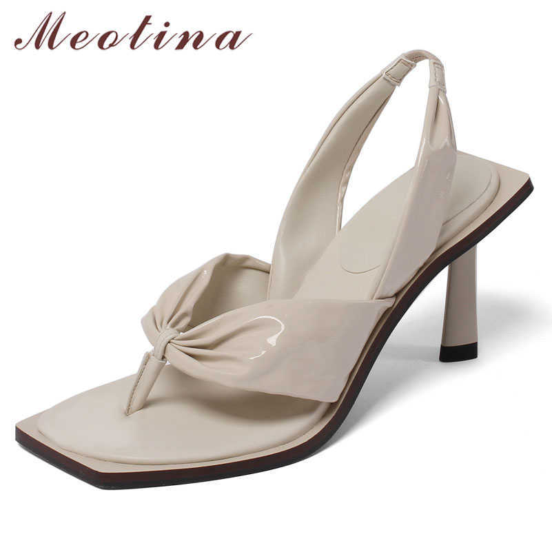 

Meotina Shoes Women Flip Flop Sandals Pleated Super High Heel Sandals Thick Heel Shoes Square Toe Ladies Footwear Summer Beige 210608