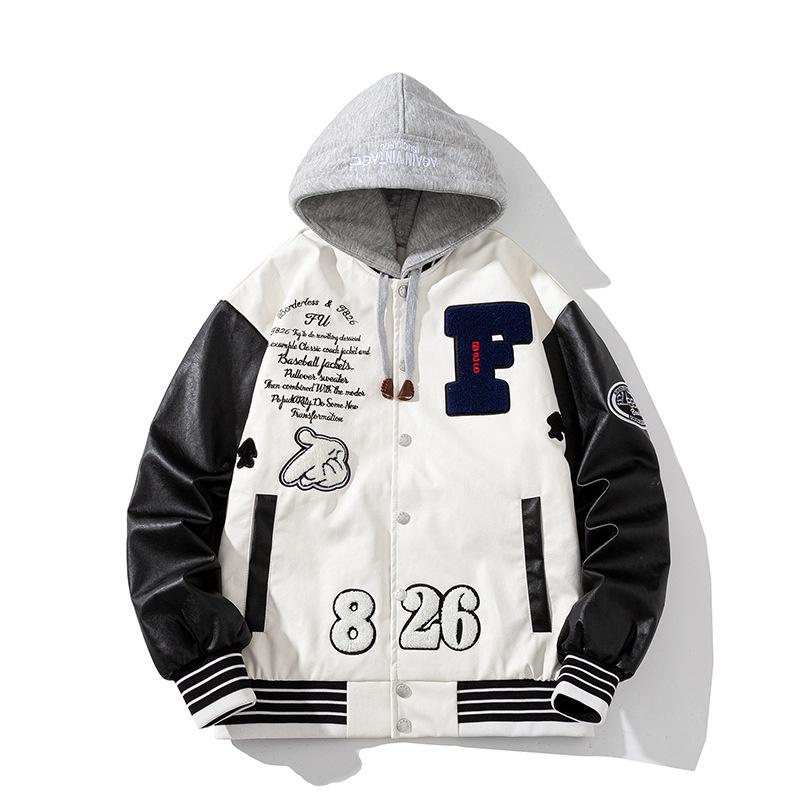 

Women Men's Jackets Varsity Jacket Men Patchwork Streetwear Baseball Hip Hop Letter Pu Leather Couple Clothes Korean High Street E171, White