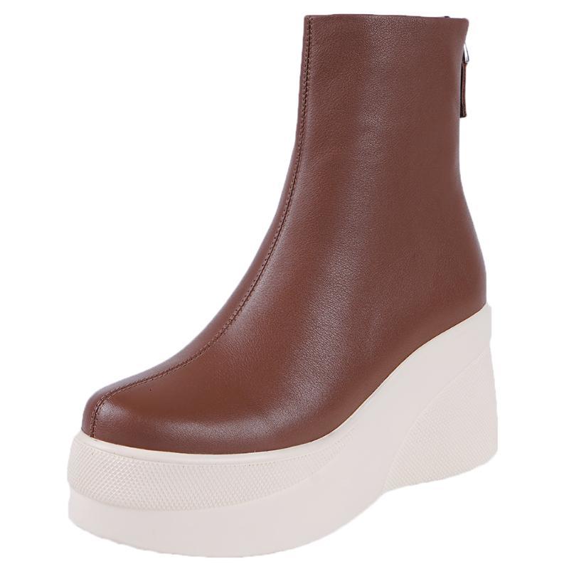

Boots DORATASIA Fashion women's Genuine Leather Black Booties Wedges Ankle Ladies High Heels Platfrom Shoes Women FACG, Brown no fur