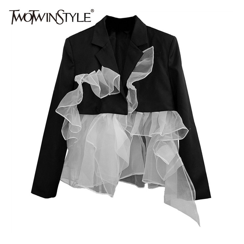 

Hit Color Patchwork Ruffle Blazer For Women Notched Long Sleeve Casual Korean Blazers Female Fashion Clothing 210524, Black