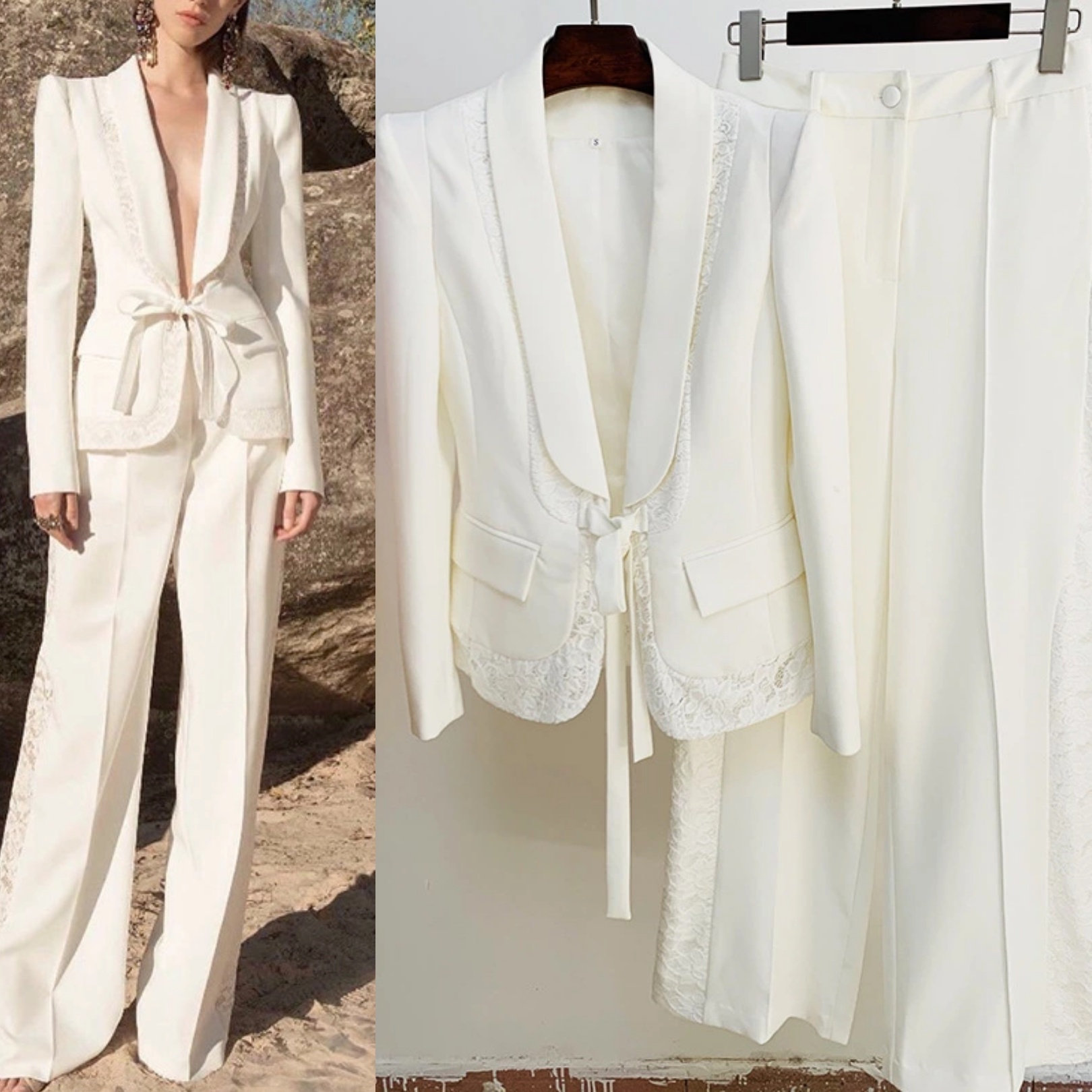 

European and American stars with the same lace stitching suit + wide-leg pants, As picture