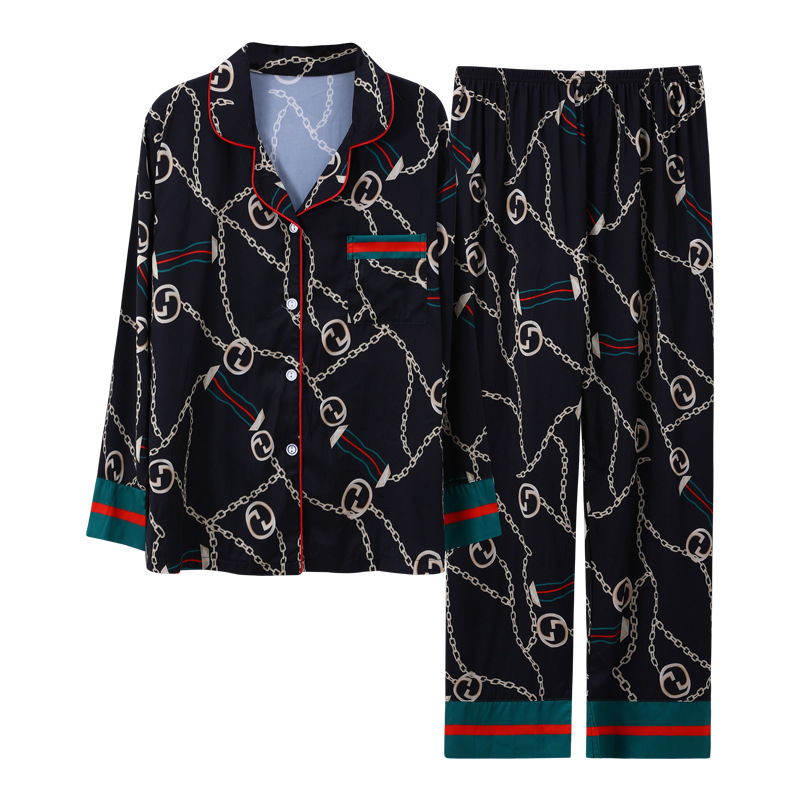 

Pajamas lady spring and sleepwear autumn ice silk long sleeve two piece suit, Black