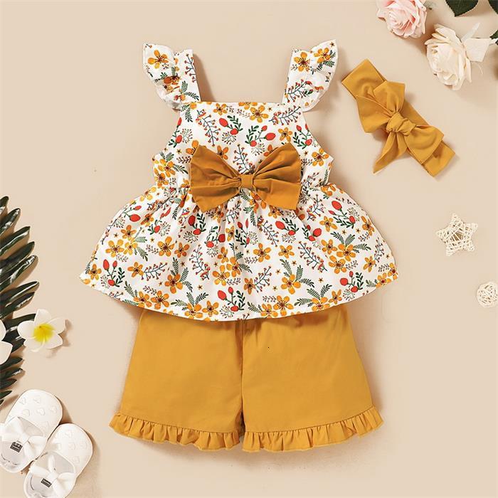 

Clothing Sets Summer Cotton Baby 3-pcs Floral Bow Sleeveless Bodysuits + Pants Hairband Kids Outfits E1035 VHWM
