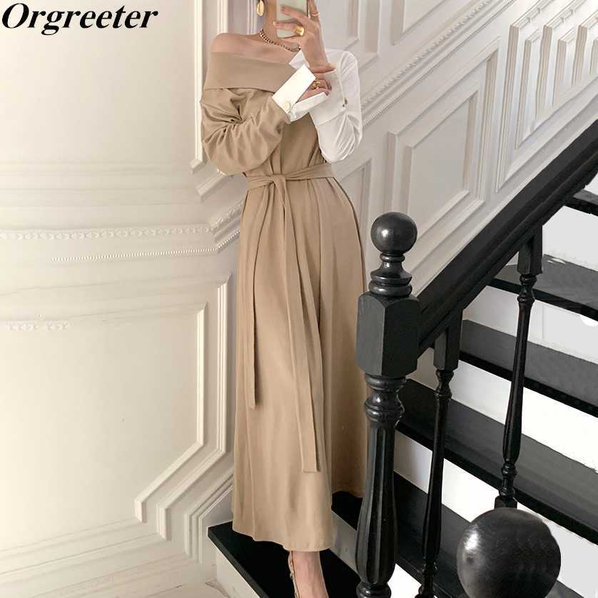 

Elegant Color Patchwork Long Maxi Dress Women Spring Fashion Sexy Off shoulder Full Length Sashes Classic 210525, Black