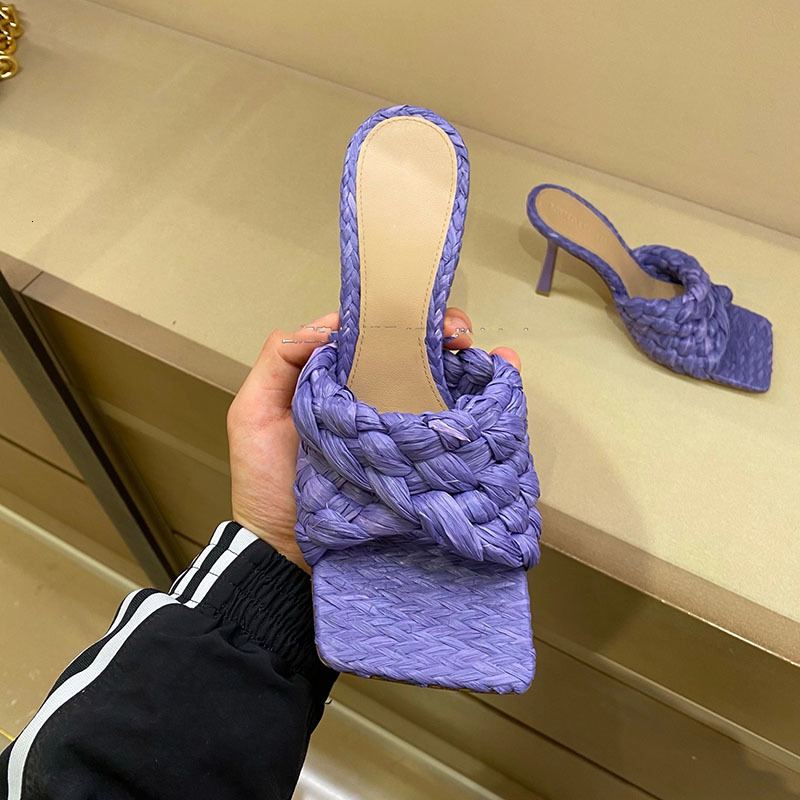 

slippers summer runway shoes luxury weave braid leather women 2021 high heels sandals brand square peep toe ladies slides dm5w, Black