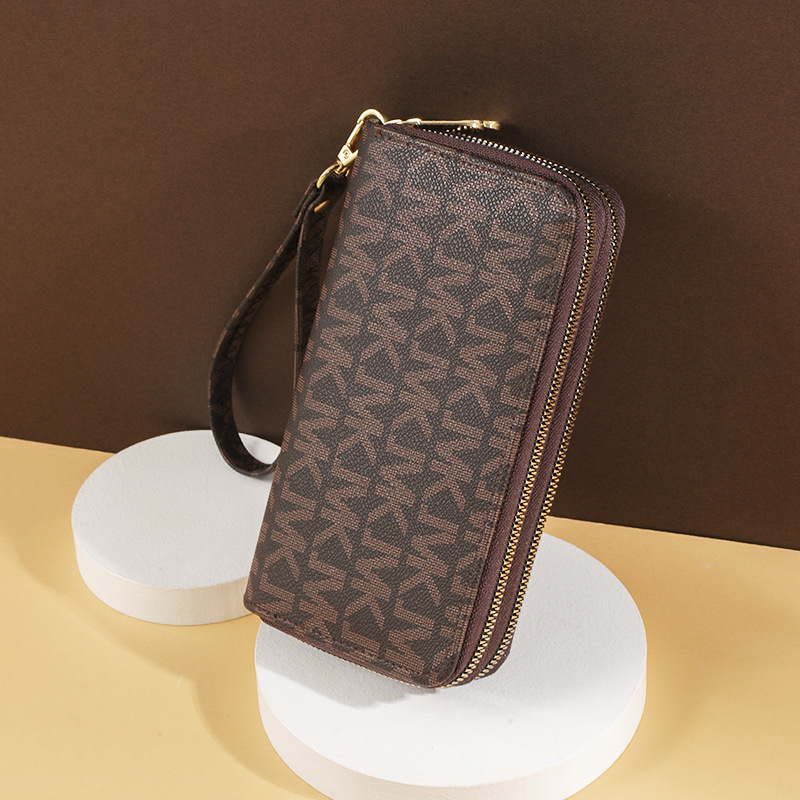 

Wholesale factory ladies coin purses classic printed leather long purse retro contrast Joker clutch bag multifunctional double zipper fashion storage wallet, Khaki4(single zipper)