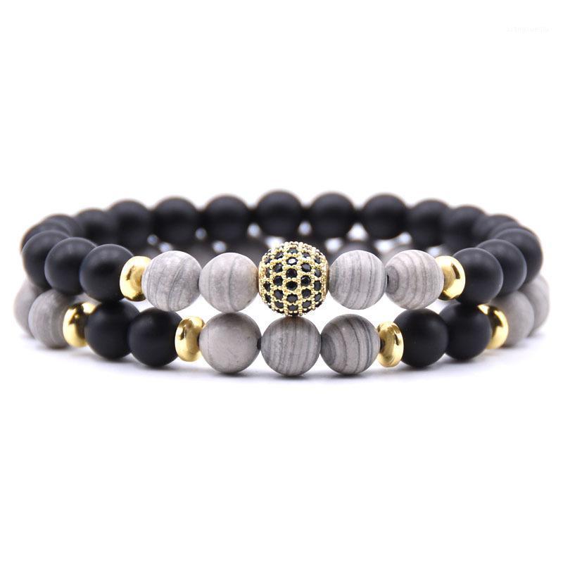

2pcs/set Men Woman Bead Bracelet CZ Ball Charm Bangle Natural Beads Buddha For Women And Mens Pulseras Masculina Beaded, Strands, Black