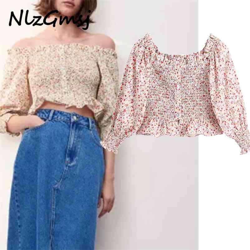 

Blouse Women Long Puff Sleeve Smocked Elastic Vintage Summer Shirt Female Chic Ruffle Button Up Top 04 210628, As picture
