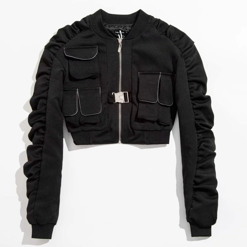 

Autumn Spring Women Long Sleeve Round Neck Short Jacket Motorcycle Style Zipper Black Slim Coat RC093 210525