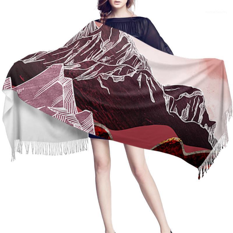 

Scarves Women Cashmere Scarf Autumn Winter Hijab Wrap Red Mountain Moon Printed Shawls Headband Summer Ladies